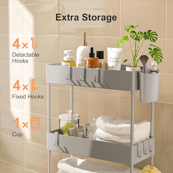 Pipishell 4 Tier Slim Storage Cart with Wheels, Laundry Cart, Gray | 7.1 Inches Wide – Fits Narrow Spaces, Storage Cup and 6 Hooks, Ventilation Holes, Durable ABS Material, Detachable Wheels - Image 5