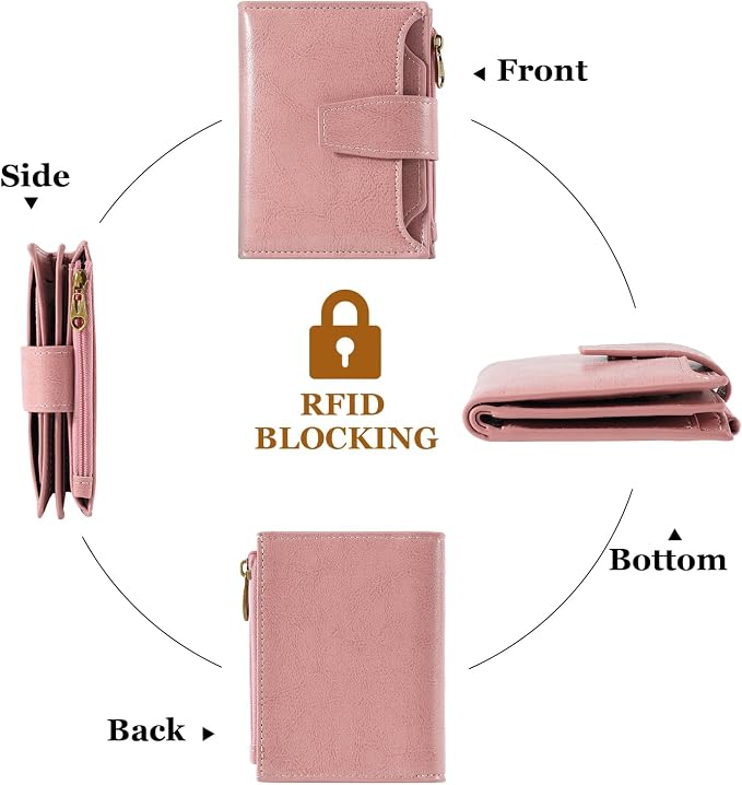 Small Wallet Women RFID Blocking Soft Leather Bifold Compact Card Holder Wallet for Women with Zipper Coin Pocket 4 ID Window - Image 4