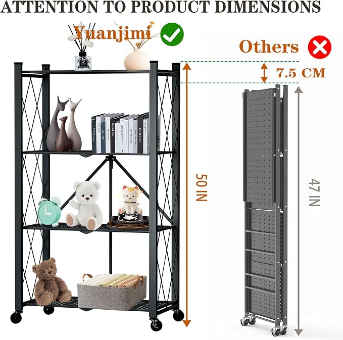 4 Tier Foldable Storage Shelf with Wheels, Metal Steel Collapsible Shelves | Heavy Duty Folding Shelf Loads 600 LBS, Rolling Standing Utility Rack for Kitchen, Pantry, Office, Black - Image 3