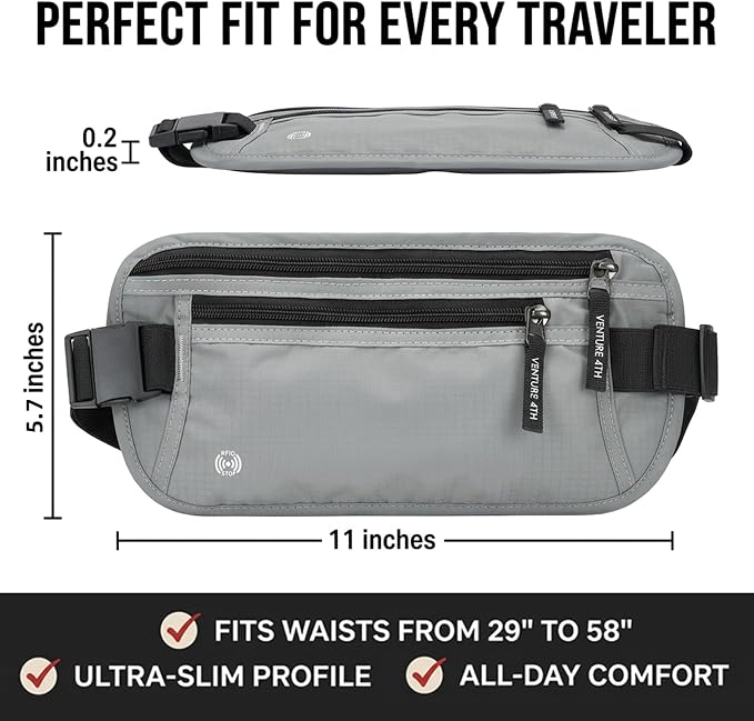 RFID Blocking Money Belt for Travel, Hidden Anti Theft Waist Pouch with RFID Protection, Slim Passport Holder Fanny Pack for Cash, Credit Cards, Phone & Travel Essentials (LightGrey) - Image 4