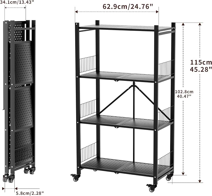 Folding Storage Shelves, 4-Tier Metal Foldable Shelf Shelving Rack Organizer On Rolling Wheels in Kitchen Warehouse Patio Pantry Garage Collapsible Shelves No Assembly (Black, 4-Layer) - Image 2