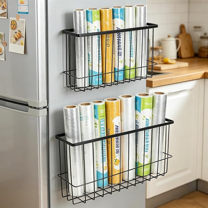 2 Pack Magnetic Aluminum Foil and Plastic Wrap Organizer,Wall Mounted Cabinet Door Organizer,Kitchen Pantry Organizers and Storage,Wrapping Paper Shelf for Sandwich, Freezer, Ziplock Bag, Black - Image 4