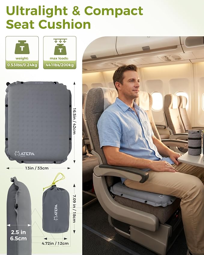 ATEPA Inflatable Seat Cushion | 2" & 2.5" Foam Core Seat Pad, Self Inflating, Compact, Stadium, Airplane, Travel, Camping, Hiking, Sports events - Image 2