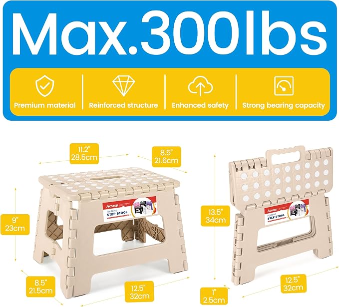 Folding Step Stool 9 Inch, Non-Slip Foldable Stools for Kids, Khaki | Heavy Duty Collapsible Foot Stool, Lightweight, Holds 300lb for Toddler/Adults Kitchen Bathroom Bedroom Outdoor, with Handle - Image 4