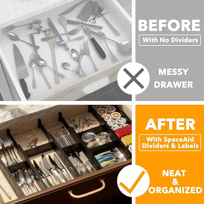 SpaceAid Bamboo Drawer Dividers with Inserts and Labels, Kitchen Adjustable Drawer Organizers, Expandable Organization for Home, Office, Dressers, 7 Dividers with 15 Inserts (17"-22" Black) - Image 2