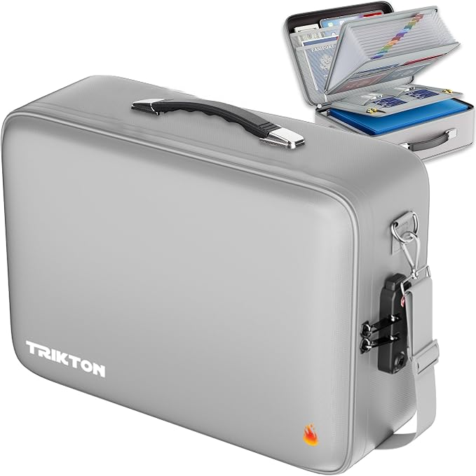 XXL Legal-Size Fire & Water-Resistant Document Box with TSA Lock - Hard-Shell Case (17×13×6 in) Hard Case File Organizer for Important Documents, Laptop, Passport, Wills, Certificates (Silver) by TRIKTON