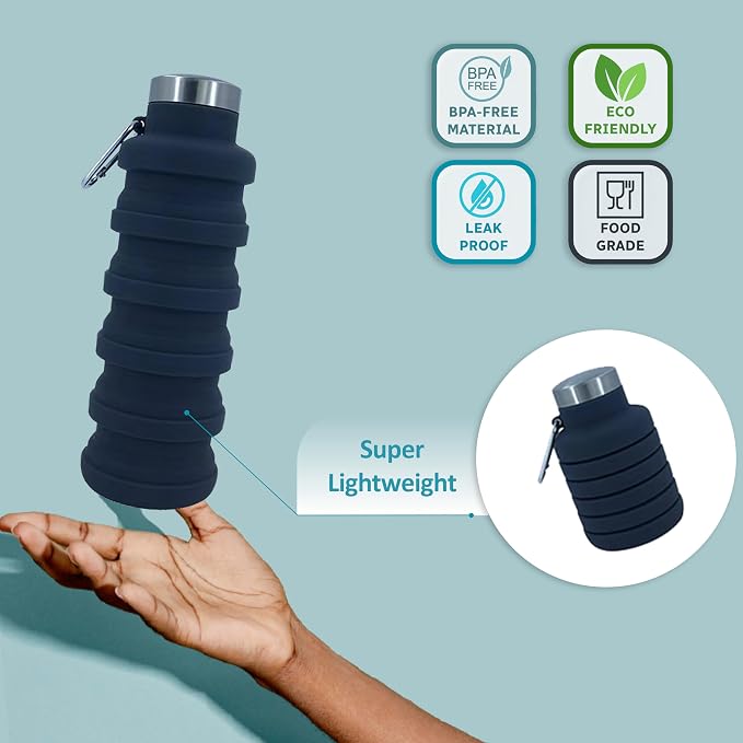 Collapsible Water Bottles 24oz, Odorless BPA-Free Silicone, Leak-Proof Foldable Reusable Bottle - Perfect for Travel Sports Gym Hiking Camping Cycling - Dark Gray - Image 2