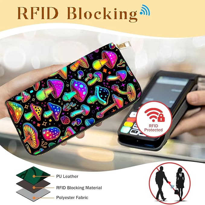 Women's RFID Blocking PU Leather Zip-Around Wallet, Large Capacity Clutch with Phone Holder, Travel Purse & Card Organizer with Removable Wristlet,Cute Colorful Mushroom - Image 2
