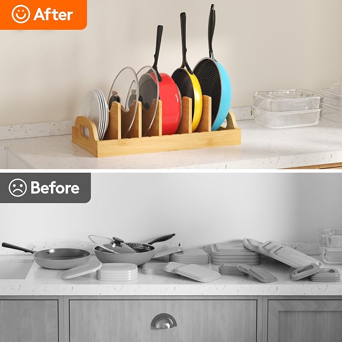 Lifewit Bamboo Lid Organizers for Inside Cabinet with 7 Sections | Pan Lid Holder with 6 adjustable Inserts, Kitchen Pantry organizer and storage, Extra Large, 15.6" X 8.1", Natural - Image 7