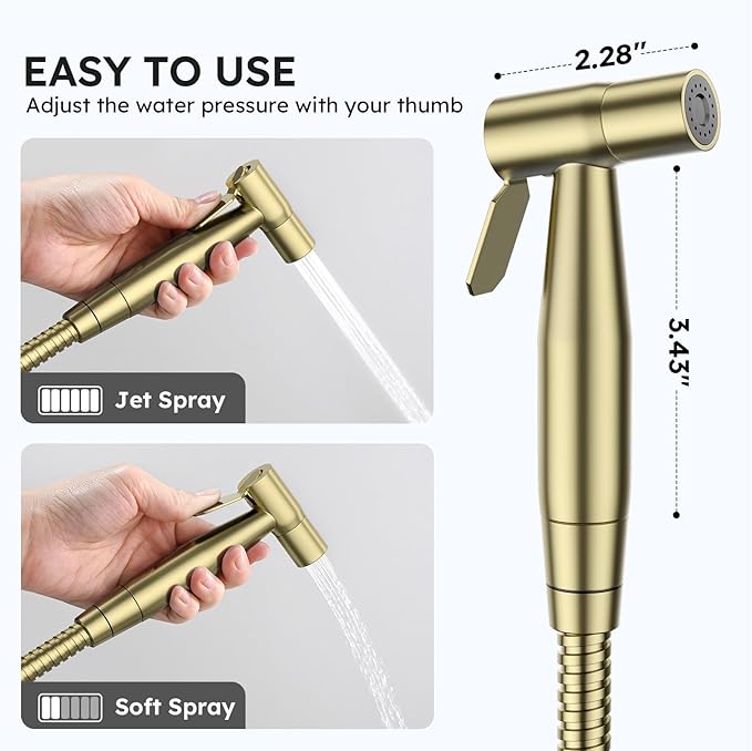 Arofa Handheld Bidet Sprayer, Bidet Attachment for Toilet, Brushed Gold | Adjustabel Water Pressure, Leak-Free Hose, Fits Two-Piece Toilets, Feminine/Baby/Pet Wash, Cloth Diaper Rinse, Easy Install - Image 2