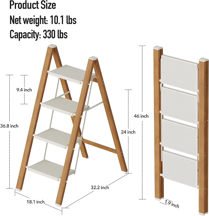 Mayi Plus 4 Step Stool Foldable, Aluminum, Lightweight Step Ladder | Extra-wide anti-slip folding steps with 330 lbs, for home,kitchen,office,outdoor,White & Woodgrain. - Image 7