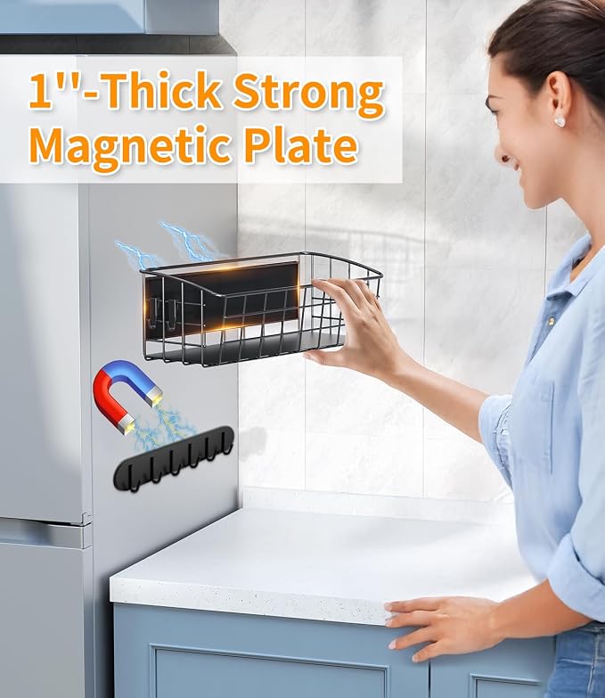 2Pack Magnetic Shelf for Refrigerator with 2 Moveable Hooks and 1 Hook Rack | Strong Magnetic Spice Rack for Kitchen Storage, Fruit Potato Onion Storage Shelves, Large Magnetic Basket Organizer - Image 5
