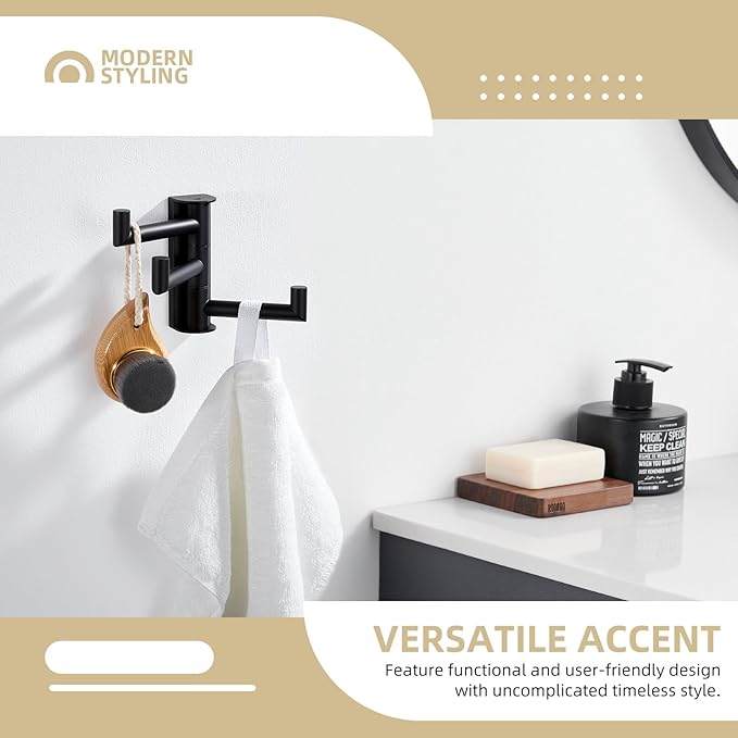 Angle Simple Swivel Towel Hook 3 Arms, Robe Coat Wall Hook, Matte Black | SUS304 Stainless Steel, Foldable Hand Bath Towel Holder for Bathroom Kitchen Closet, Sturdy Space Saver, Screws Mounted - Image 4