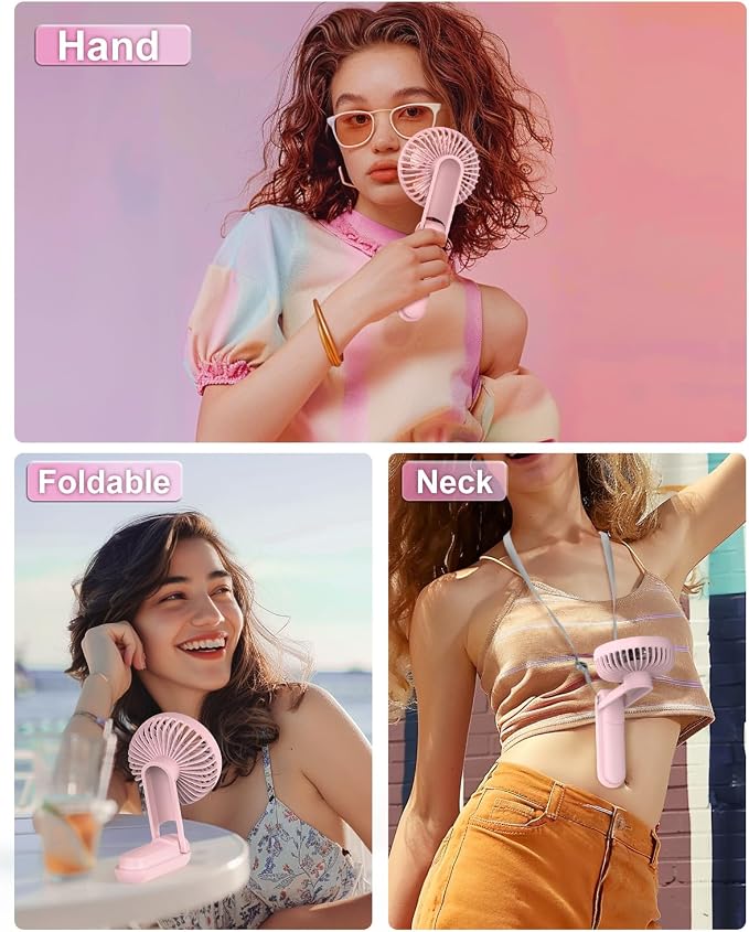 EasyAcc Portable Fan with Built-in Battery, 5 Speeds, Ultra Quiet, 3-18H Runtime, Backup Power, Digital Display, Foldable Handheld and Neck Fan with Lanyard for Travel, Pink - Image 7