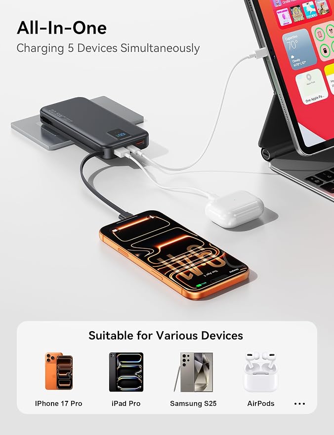 Portable Charger 12000mAh 22.5W w/Built-in Cable & Wall Plug Black | 22.5W fast charging, LED display, Charging 5 devices at once, Pass through charging, TSA approved, Compatible with iPhone - Image 7