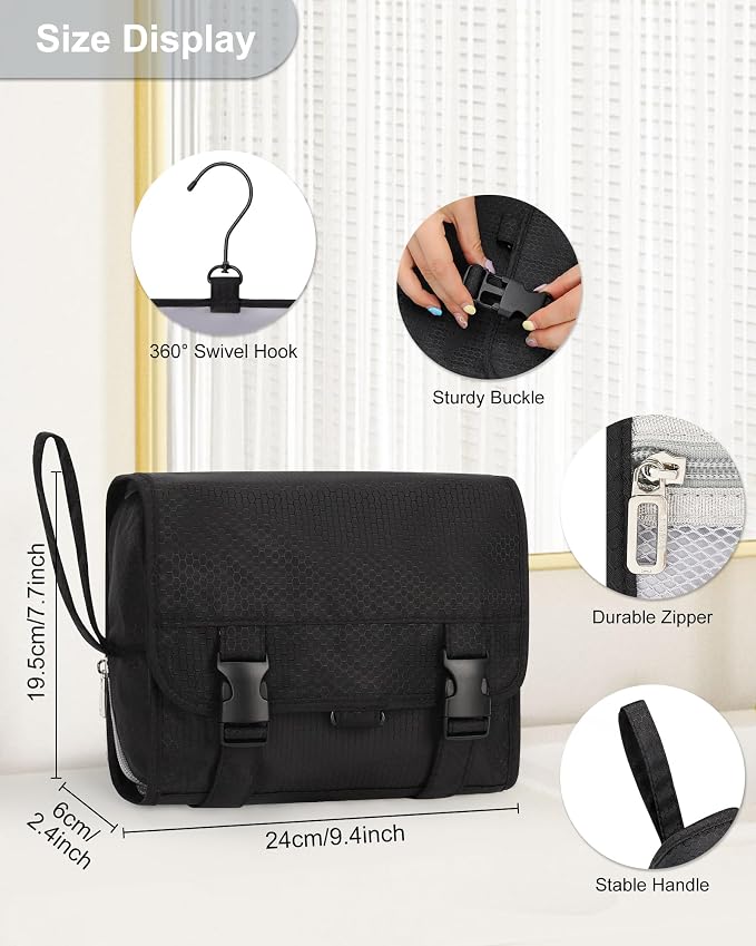 Small Hanging Toiletry Bag for Men and Women, Portable Hanging Organizer | for Travel-Sized Shower Dopp Kit, Makeup Accessories, Waterproof Toiletries Organizer with 3 Compartments for Outdoor - Black - Image 3