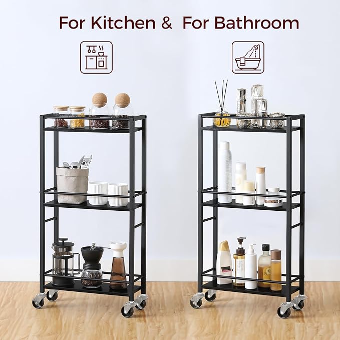 MAHANCRIS Slim Rolling Cart, Mobile Kitchen Cart on Wheels, Narrow Storage Cart for Small Space, Small Bar Cart, for Bathroom, Laundry, Living Room, Black RCHB1501 - Image 5