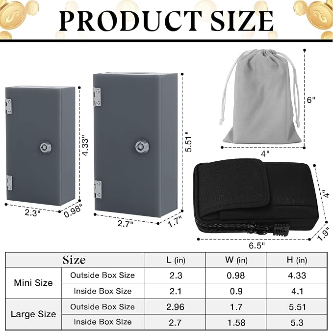Acrylic Cash Box for Gambler 2 Pack Large and Small, Grey Winners Bank with Keys, Slot, Storage Bag, Waist Bag, Portable Casino Money Organizer Safe Lock Box for Gamblers, Christmas Gift for Men - Image 2