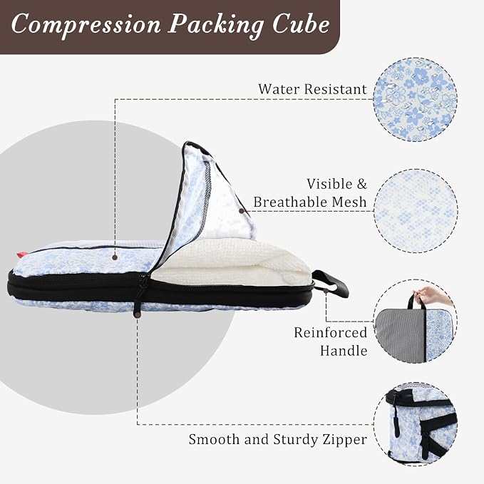 U+U 6 Set Compression Packing Cubes, Travel Organizers (Blue Flower) | Space-Saving & Drawstring Bag Included - Image 2
