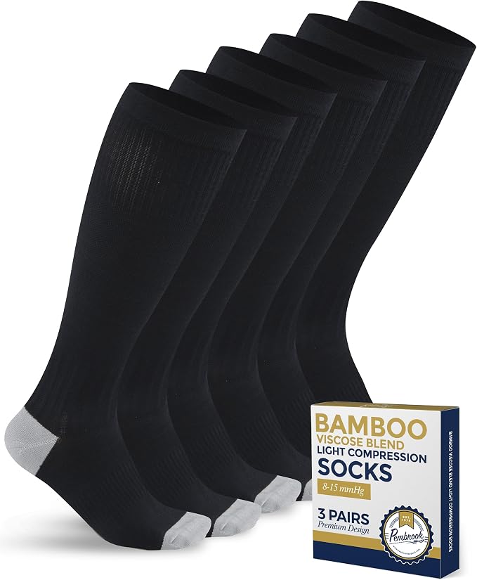 Pembrook® Bamboo Viscose Light Compression Socks - 3 Pairs | 8-15 mmhg Compression Socks | Knee High Comfort Support Socks by Pembrook