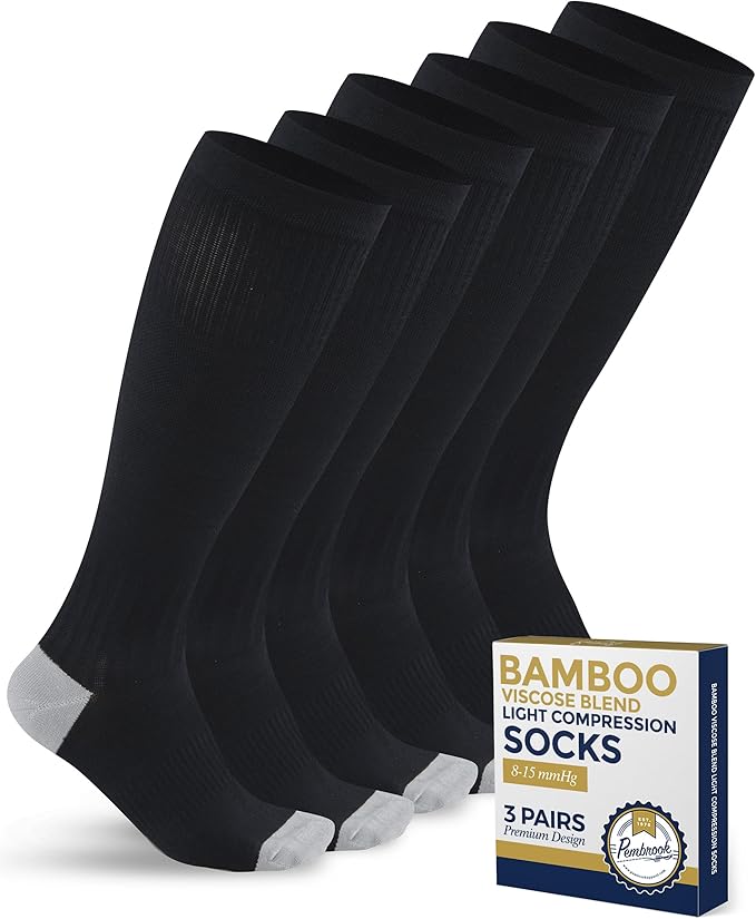 Pembrook® Bamboo Viscose Light Compression Socks - 3 Pairs | 8-15 mmhg Compression Socks | Knee High Comfort Support Socks by Pembrook