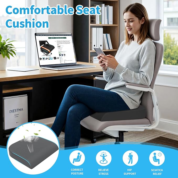 TranquilRelax XL Memory Foam Seat Cushion for Office Chair, 3.35-Inch, Gray | Medium-firm Support for Long Sitting, Washable Mesh Cover, Non-slip Base, Perfect for Car Seats & Short Drivers - Image 7