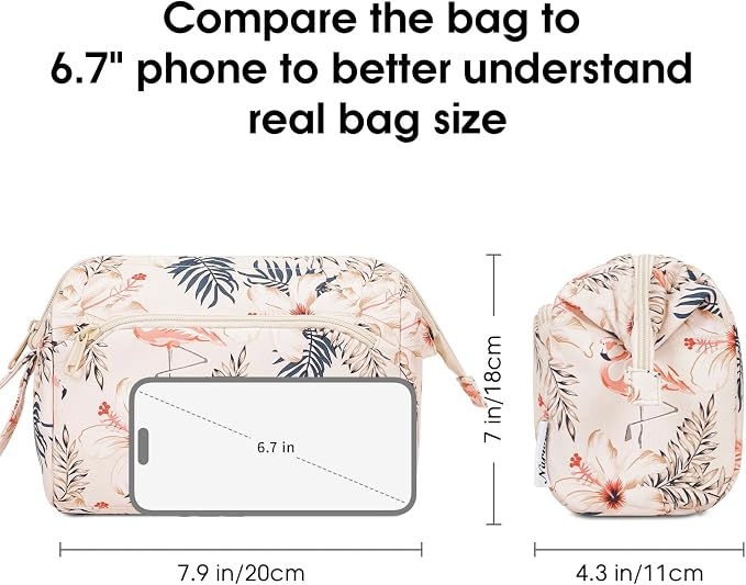 Narwey Women Makeup Bag Wide-open Make up Bag Travel Cosmetic Organizer Toiletry Bag for Cosmetics Toiletries Accessories (Beige Flamingo) - Image 4