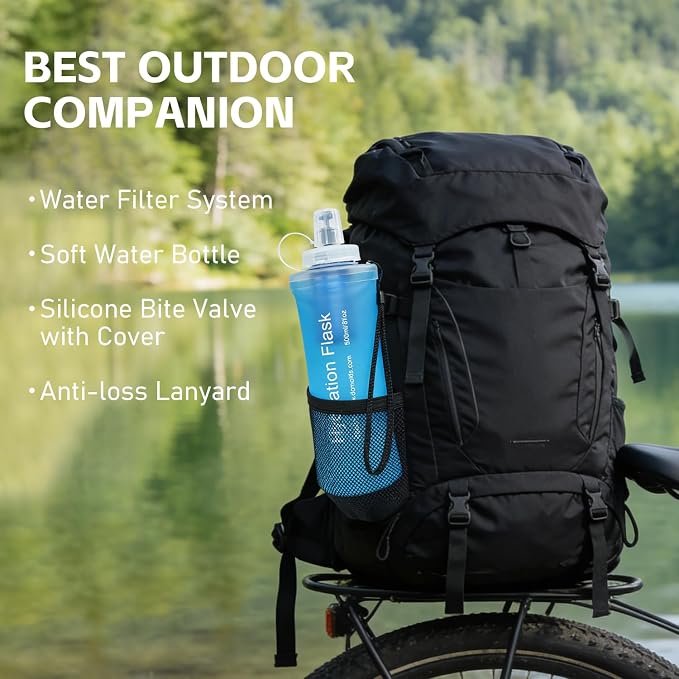 AXEN Collapsible Water Bottle with Filter for Hiking Travel, 500ml Blue | Foldable Design, Lightweight Portable Filtered Water Bottle, Soft Hydration Flask for Trail Hiking Running Outdoors - Image 7