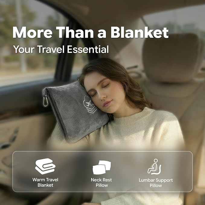 Travel Blanket, Soft 2-in-1 Airplane Blanket, 65x40 Inches, Travel Blanket Airplane Compact with Bag, Car Blanket with Luggage Sleeve & Backpack Clip (Light Grey) - Image 6
