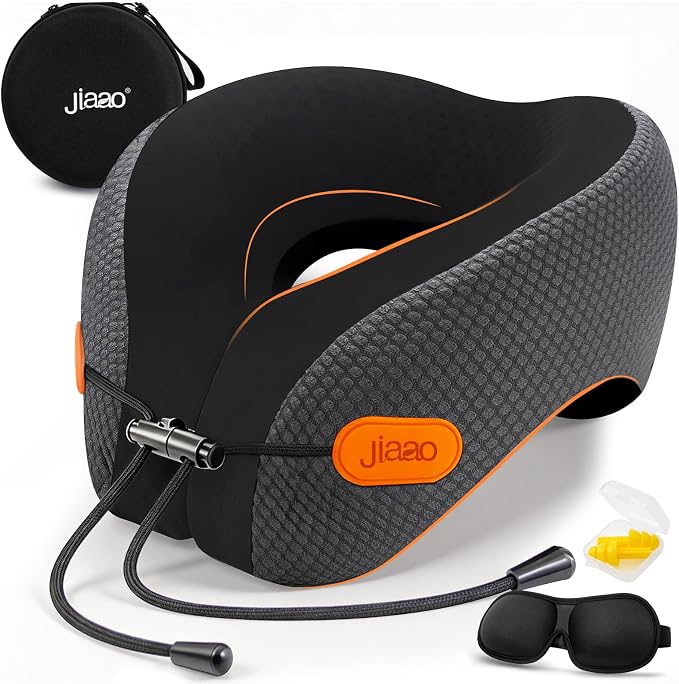 Travel Pillow Memory Foam Neck Pillow for Airplanes with Adjustable Neck Support, Includes Eye Mask, Earplugs & Storage Bag - Perfect for Flights, Road Trips, and Trains by jiaao