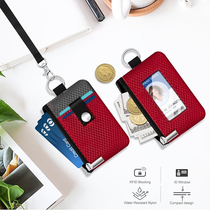 Minimalist RFID Blocking Small Wallet with ID Window,WaterResistant Zip Id Case Wallet with Lanyard Keychain for Cards,Cash,Travel,Women,Men (Red/Dark Grey) - Image 8