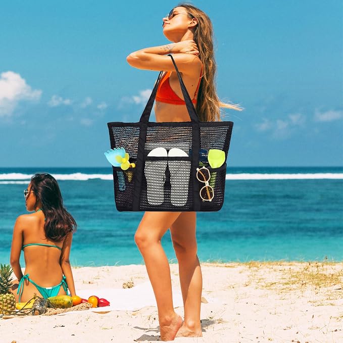 Fammart Mesh Beach Bag for Women, Summer Straw Tote Hobo Pool Bags with Zipper Pocket, Travel Vacation Cruise Essentials 2026 - Image 2