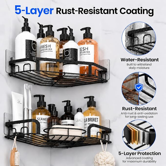 Corner Shower Caddy, Rustproof Shower Organizer with Soap Holder and 8 Hooks, No Drilling Adhesive Shower Shelves for Inside Shower, Large Capacity Shower Rack for Bathroom Shower Storage, X-Large - Image 6