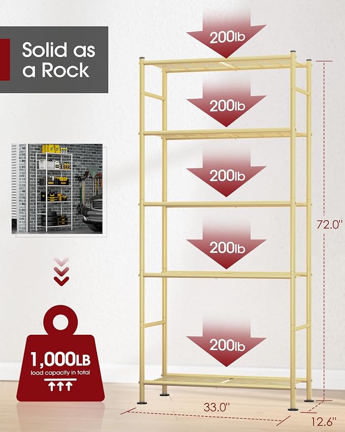 Sakugi Storage Shelves - 5 Tier Shelf Organizer, Heavy Duty Garage Shelving Unit with Leveling Feet, Stable Metal Shelves Organizer for Pantry, Kitchen and Closet, 33.0" W x 12.6" D x 72.0" H, Gold - Image 3