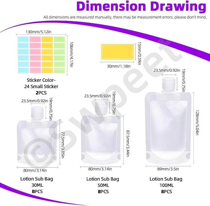 Swpeet 24 Pack 3 Sizes 30ML 50ML 100ML Travel Pouches with Label Paper Assortment Kit, Empty Squeeze Pouches TSA Approved Stand Up Pouch for Toiletry, Portable Travel Fluid Makeup Packing Bag - Image 2