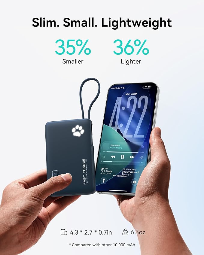 INIU 45W Fast Charging Tablet Portable Charger, Smaller 10000mAh Power Bank | Flight-Safe, Built-in USB C Cable, Flashlight, Battery Phone Pack for Tablet, iPad, iPhone 17 16, Samsung S26 etc, Blue - Image 3