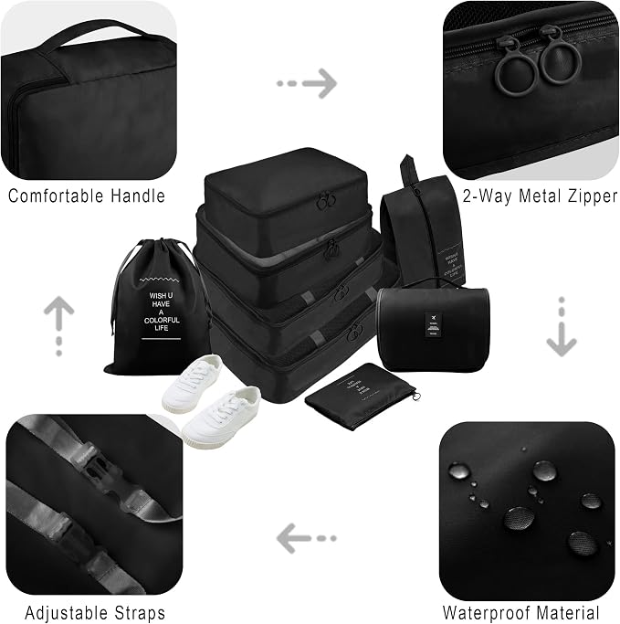 Packing Cubes, 8 Pcs Travel Packing Organizers for Suitcases, Large Capacity Travel Luggage Organizers Set includes 8 Storage Bags, Travel Essentials for Women or Men (Black) - Image 6