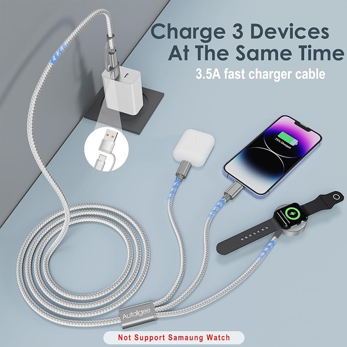 2Pack Travel Essentials,Multi Charging Cable for Apple Watch Charger White | 4FT for Airplane Gadgets RV Essentials for iWatch Ultra/10-2/iPhone 17-11/Samsung S25-S20,airPods,Car - Image 4