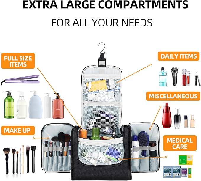 Buruis Extra Large Hanging Toiletry Bag for Women and Men, Black | Honeycomb Nylon, Detachable Shoulder Strap, Dual Zippers, Metal Hanging Hook, Full-Size Toiletry Storage, Travel Essentials - Image 3