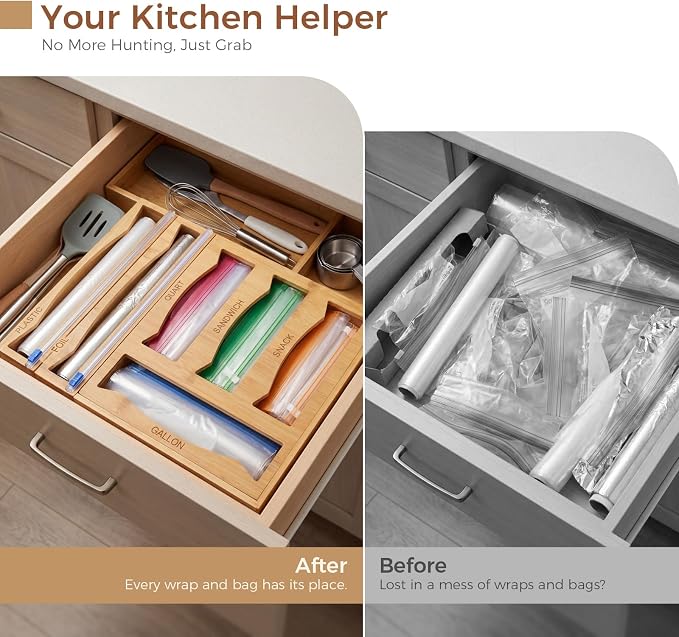 6-in-1 Bamboo Kitchen Drawer Organizer for Storage Bag, Foil & Plastic Wrap | Saran Wrap Dispenser with Cutter, Plastic & Grocery Bag Holder, Bamboo Drawer Organizer, Gallon/Quart Storage Bags - Image 5