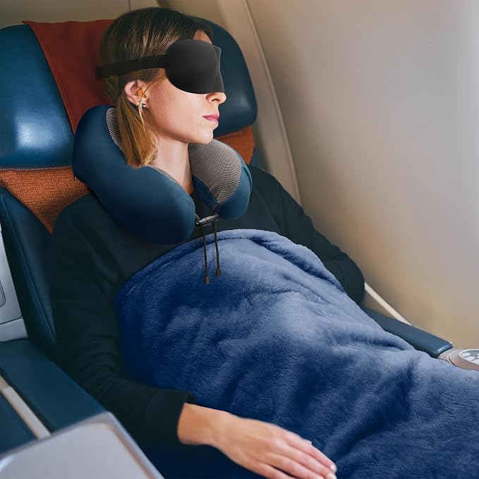 urnexttour Travel Pillow and Blanket Set Neck Pillow Airplane Foam Blue | 43x60 Inch Plane Blanket, Traveling Compact Storage Bag, Eye Mask, and Earplugs for Ultimate Flight Comfort, Women and Men - Image 8