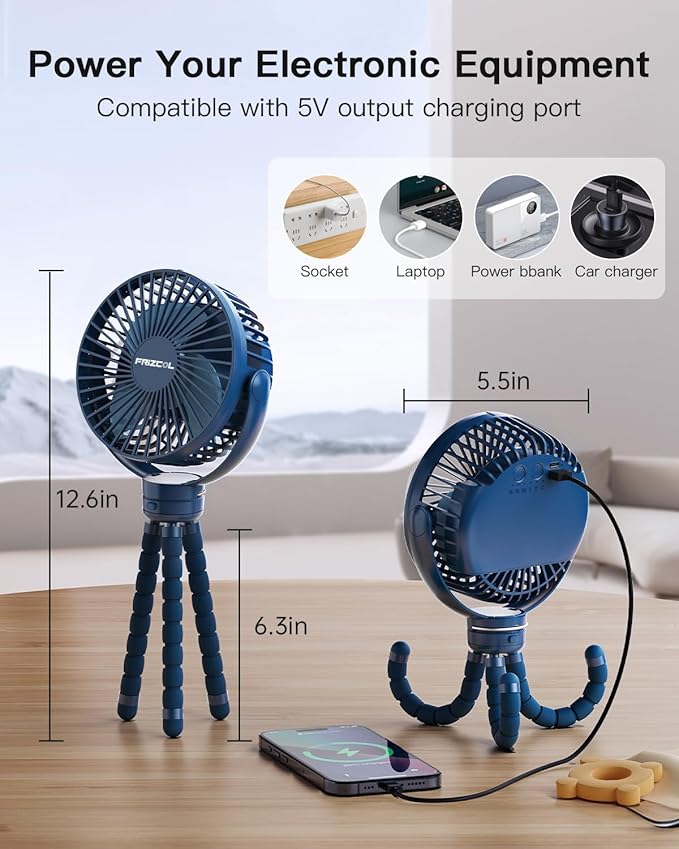 FRIZCOL 12000mAh Portable Stroller Fan, Use As Power Bank, 65H Battery Operated Fan Flexible Tripod Clip On Fans, Detachable Personal Handheld Baby Fans for Stroller, Car seat, Desk, Treadmill (Blue) - Image 6