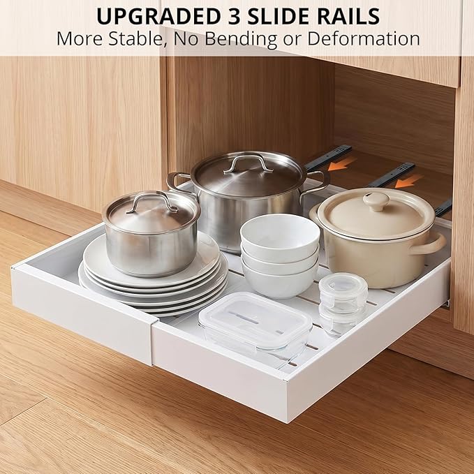 DOMNIU 4 Pack Pull Out Cabinet Organizers Expandable Width (12.4''-20.27'') | Upgrade 3 Slide Rails Sliding Drawer for Kitchen Cabinet Organizer with Adhesive Nano Film, White - Image 5
