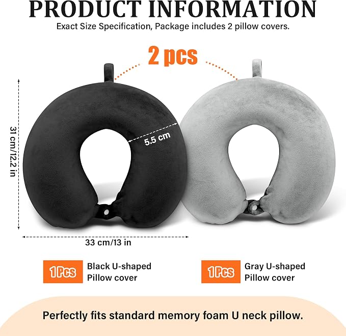 2 Packs Travel Neck Pillow Cover, Reusable U Shaped Washable Cover (Gray Black) - Image 2