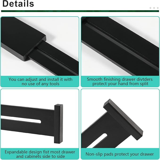 4 Pack Bamboo Drawer Dividers Organizer with Inserts 2.6'' High | Expandable from 12.5-21.7", Adjustable Drawer Organizer Separators for Utensils, Clothing, Office, Dresser, Bedroom, (Black) - Image 8