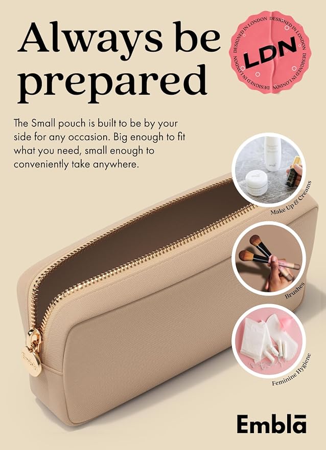 Embla Medium Travel Makeup Bag and Waterproof Nylon Travel Toiletry Bag with Smooth Zipper, Compact Slim Cosmetic Pouch, Beige - Image 4