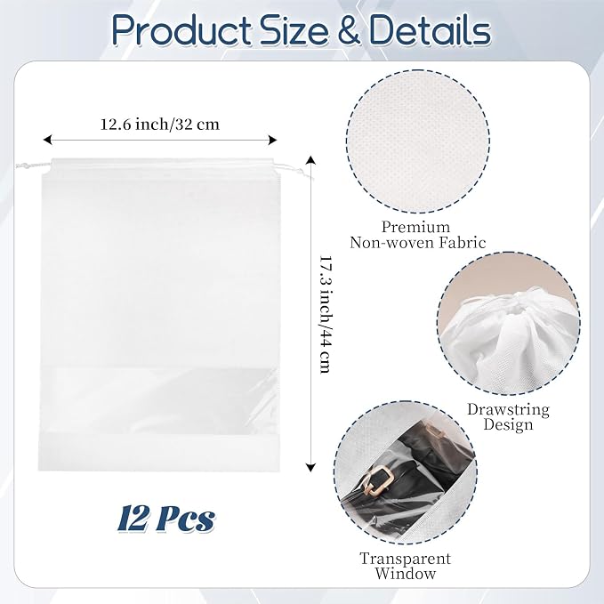 12 Pcs Portable Travel Shoe Bags, 17.3 x 12.6 Inches Waterproof Non-Woven Shoe Organizers Storage Bags, Large Drawstring Shoes Pouch Packing Organizers with Rope for Men, Women, Children (White) - Image 2