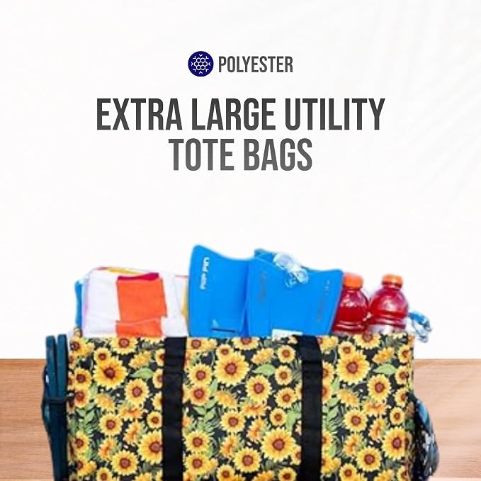 Extra Large Utility Tote Bag - Oversized Collapsible Reusable Wire Frame Rectangular Canvas Basket With Two Exterior Pockets For Beach, Pool, Laundry, Car Trunk, Storage - Sunflower - Image 7