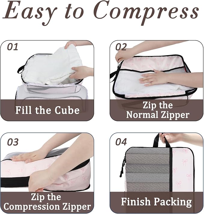 U+U 6 Set Compression Packing Cubes, Travel Organizers (Pink Bow) | Space-Saving & Drawstring Bag Included - Image 4