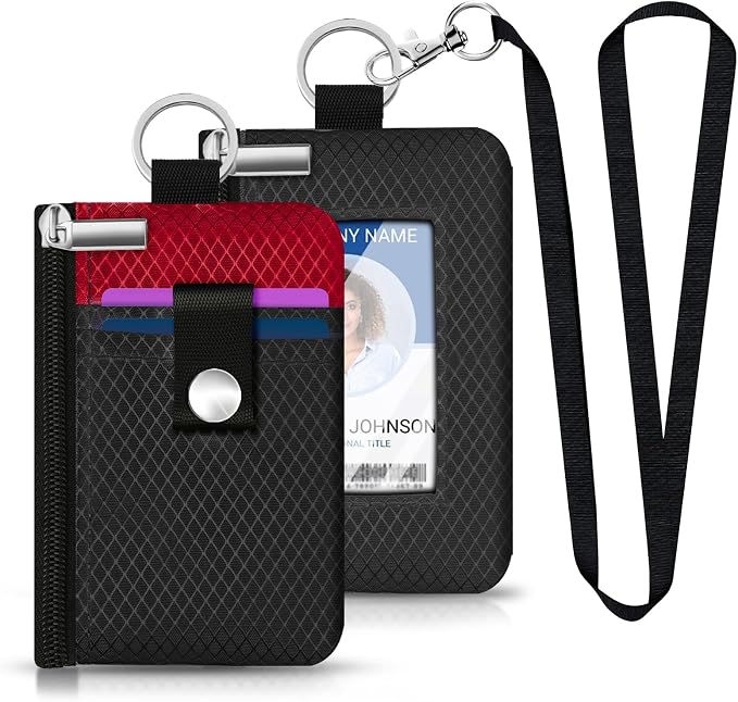 Minimalist RFID Blocking Small Wallet with ID Window,WaterResistant Zip Id Case Wallet with Lanyard Keychain for Cards,Cash,Travel,Women,Men (Black/Red) - Image 6